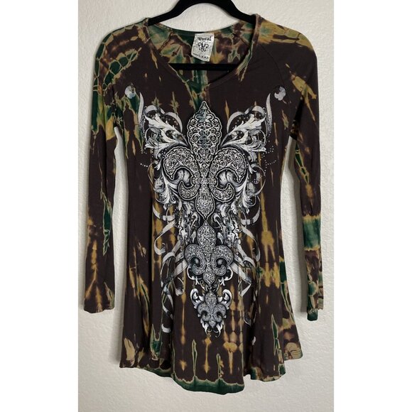Vintage Y2K Vocal Womens Small Brown  Green Long Sleeve Rhinestone Fairy Grunge - Picture 1 of 8